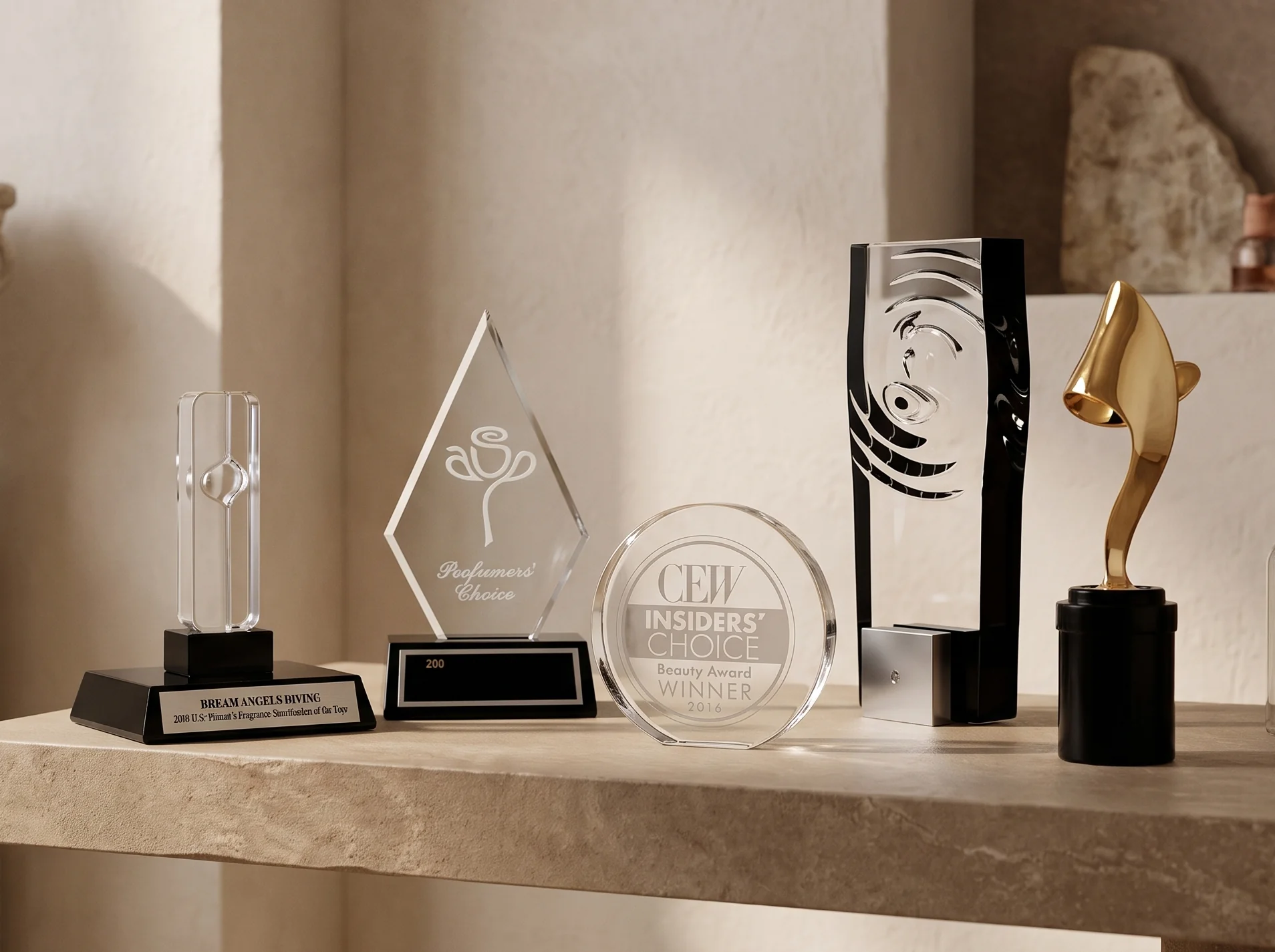 Industry awards standing on a stone shelf in daylight.