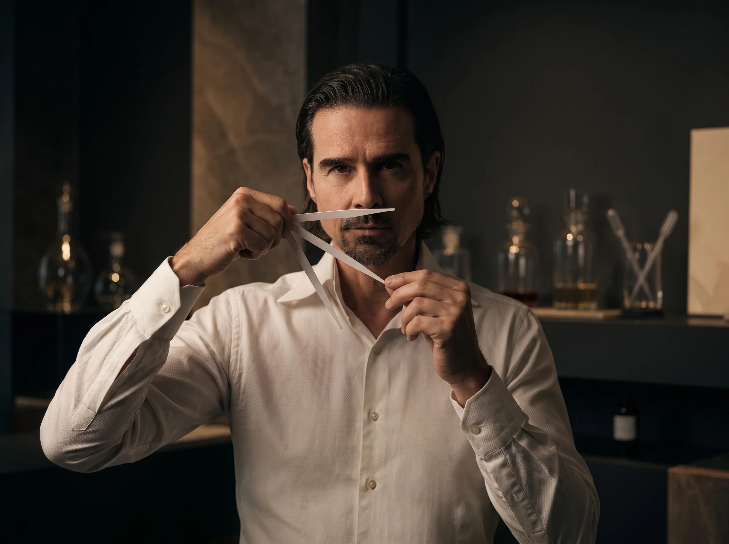 Richard Herpin holding three fragrance blotter strips, one beneath his nose, in the atelier.